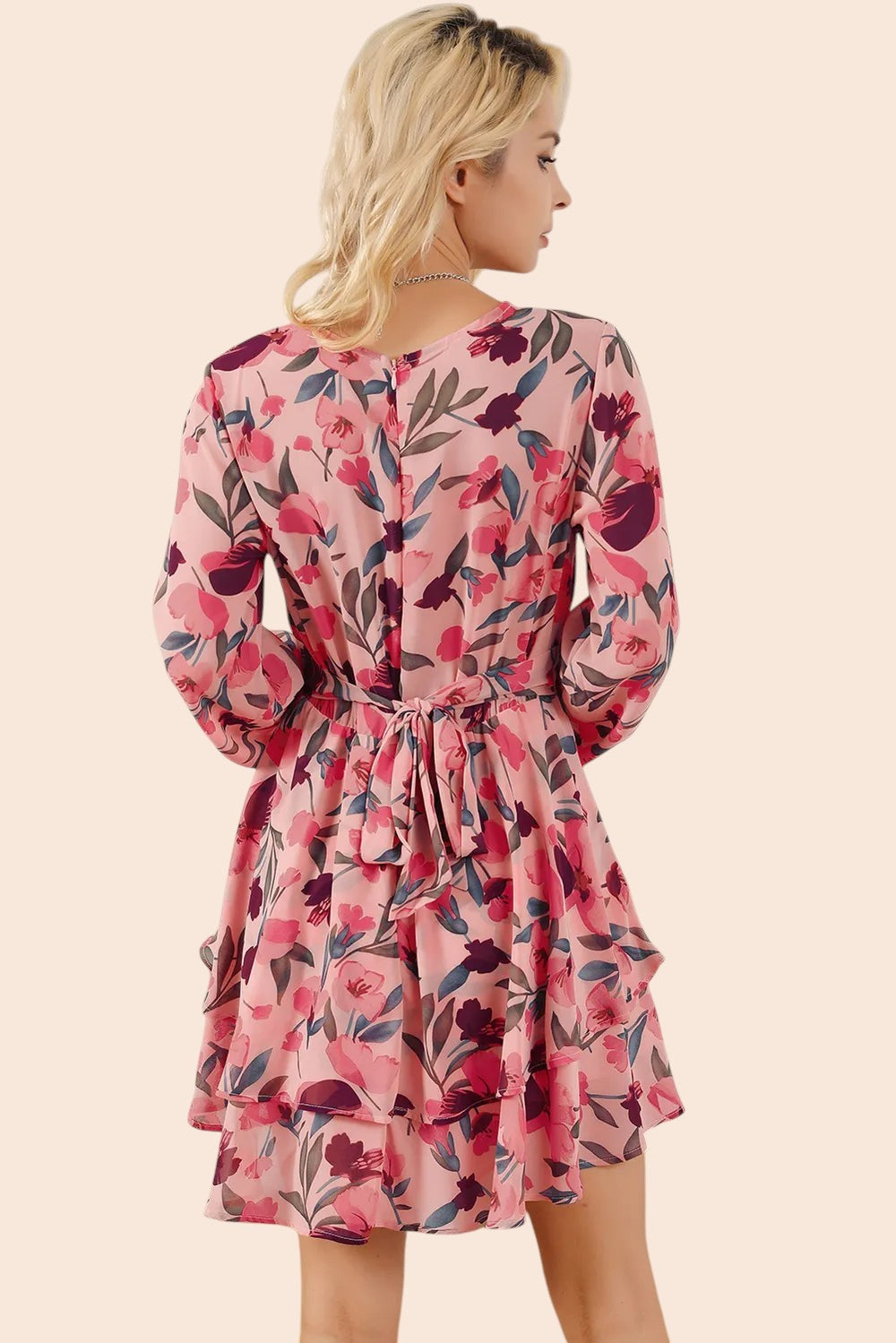 My Store floral print mini dress with long balloon sleeves and a tie-back waist, shown from the back view.