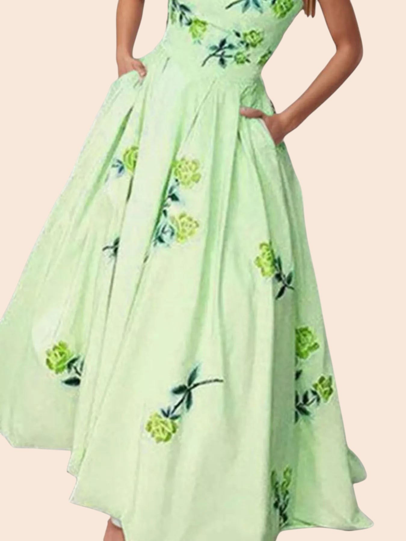 My Store strapless midi dress in light green with a delicate floral print, featuring a fitted bodice and side pockets.