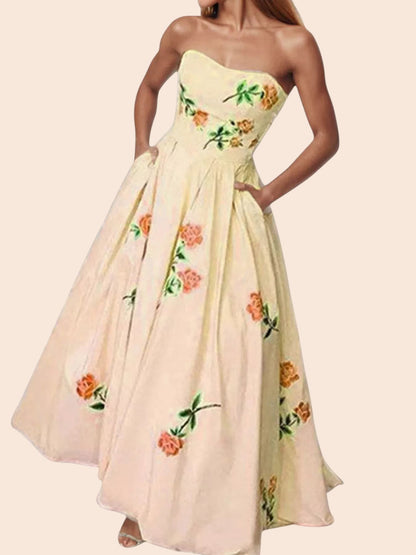 My Store strapless midi dress in cream with a delicate floral print, featuring a fitted bodice and A-line skirt.