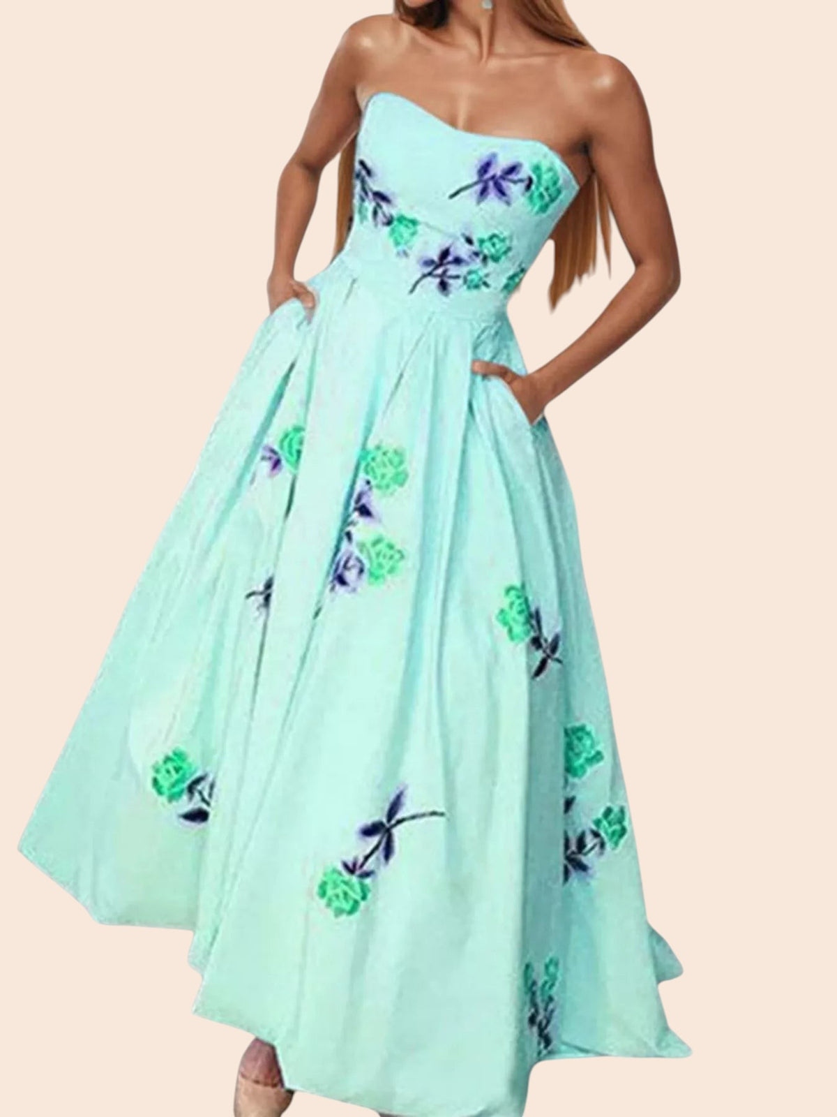 My Store strapless midi dress in light blue with a green and purple floral print, featuring a full A-line skirt.
