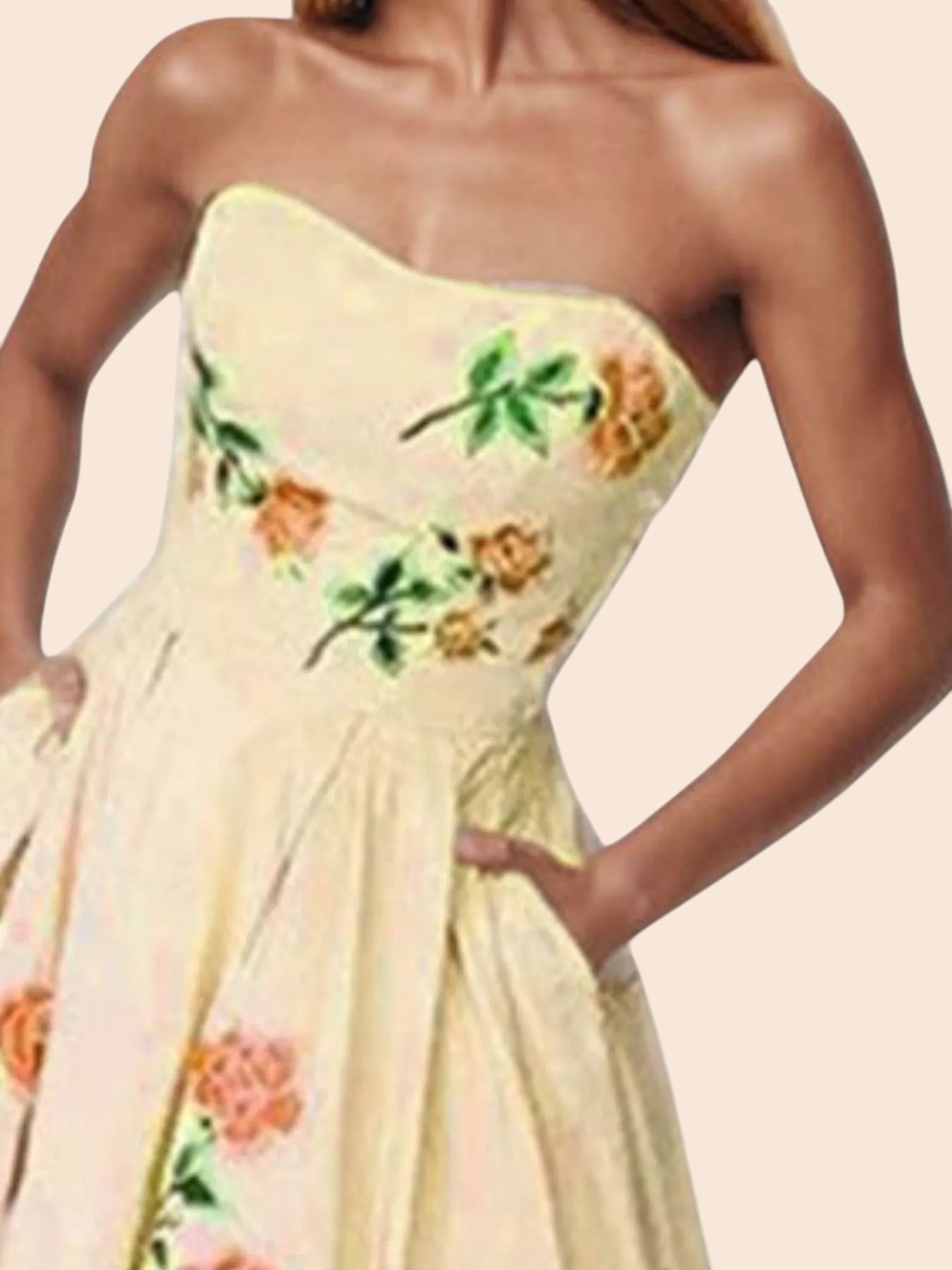 My Store strapless midi dress in yellow with a delicate floral print, structured bodice, and side pockets.