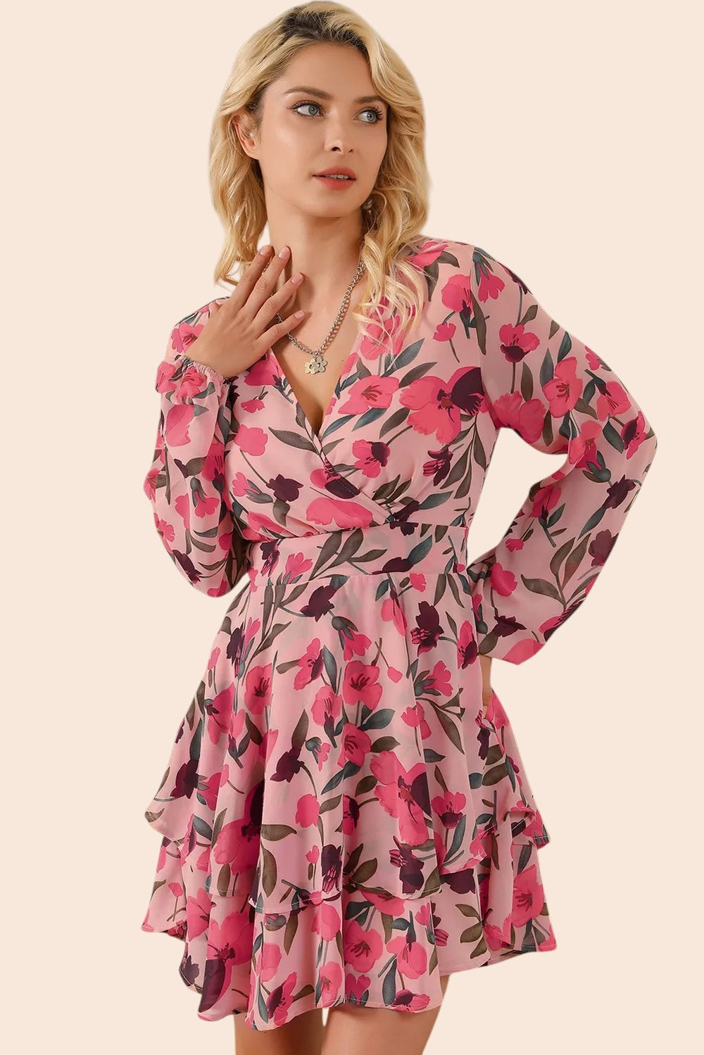 My Store floral surplice mini dress with long balloon sleeves and tiered ruffle skirt in pink on a blonde model