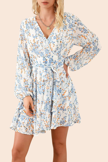 My Store floral print mini dress with surplice neckline, long balloon sleeves, and tiered ruffle skirt.