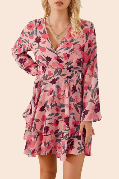 My Store floral surplice mini dress with long balloon sleeves and a tiered ruffle skirt in pink and dark floral print