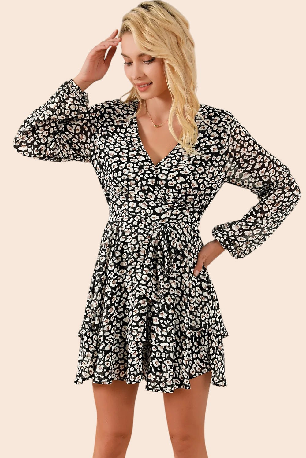 My Store floral surplice mini dress with long balloon sleeves and tiered ruffle skirt on a blonde model