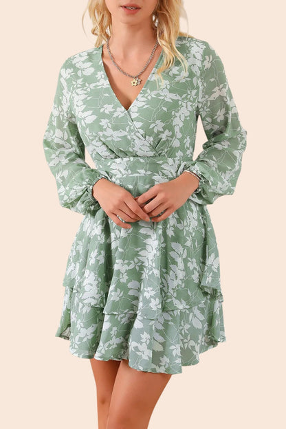 My Store floral surplice mini dress in sage green with long balloon sleeves and a tiered ruffle skirt on a model
