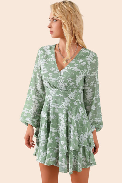 My Store floral surplice mini dress in sage green with long balloon sleeves and a tiered ruffle skirt on a model