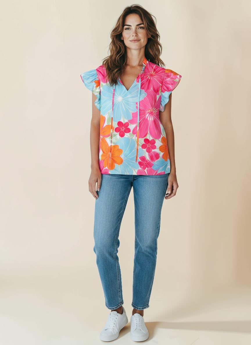 My Store sleeveless tie-neck blouse with ruffle sleeves and a vibrant floral print in pink, blue, and orange.