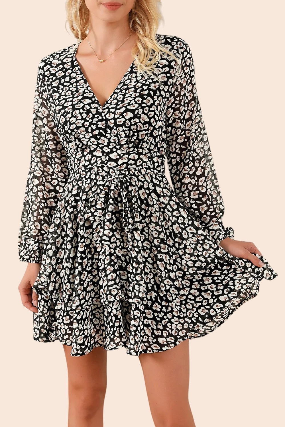 My Store floral print mini dress with surplice neckline, long balloon sleeves, and tiered ruffle skirt