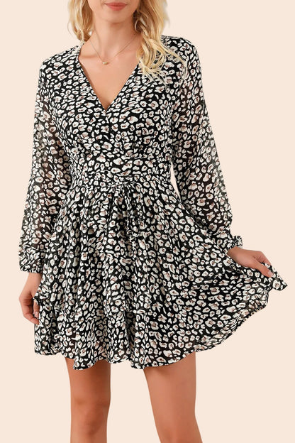 My Store floral print mini dress with surplice neckline, long balloon sleeves, and tiered ruffle skirt