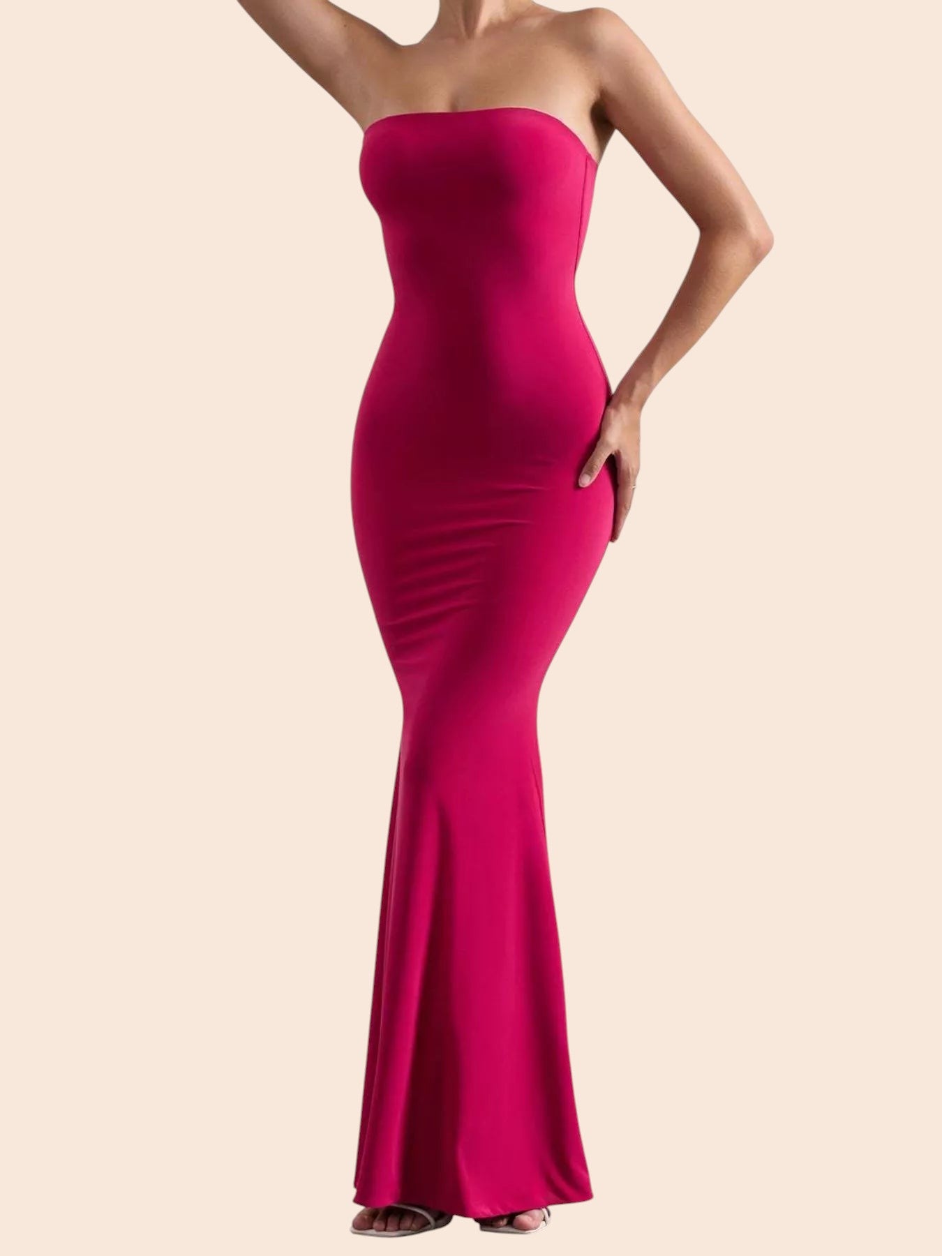 My Store strapless fuchsia pink mermaid maxi dress with a curve-skimming silhouette on a model