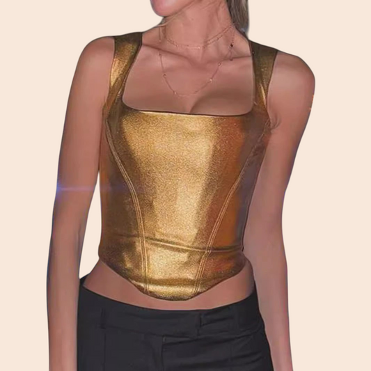 My Store gold metallic corset top with a structured bodice, square neckline, and wide straps for a glamorous look