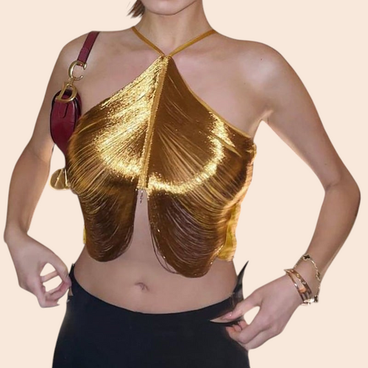 My Store gold metallic fringe halter top with an open-front design and backless silhouette for a glamorous party look.