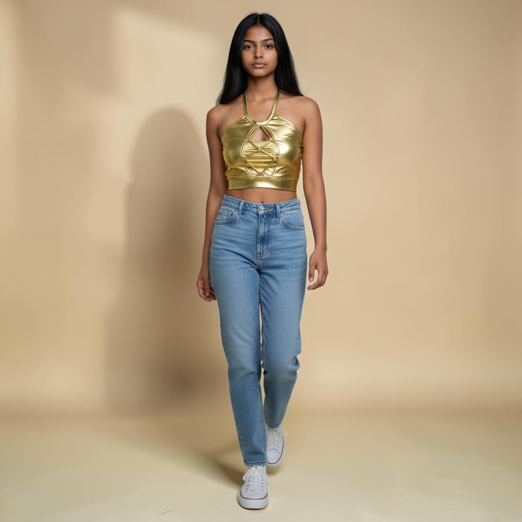My Store gold metallic halter crop top with front cutout and lace-up detail.
