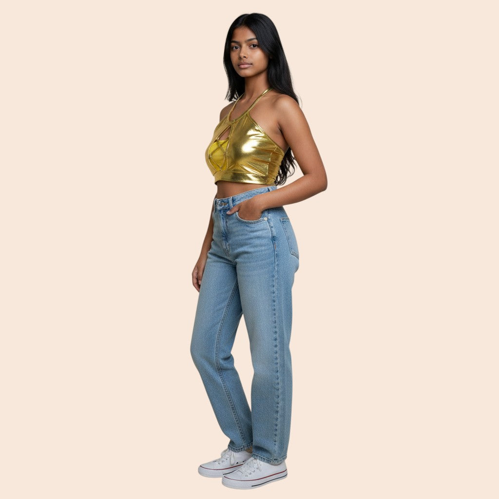 My Store gold metallic halter crop top with front cutout and adjustable tie neck. Perfect for festivals and nightlife.