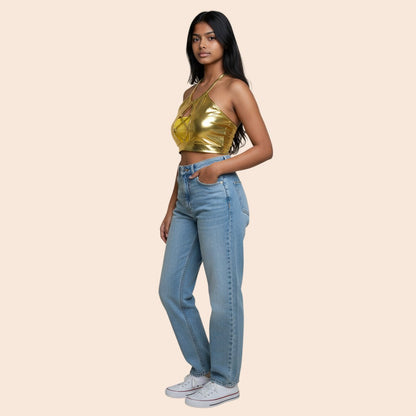 My Store gold metallic halter crop top with front cutout and adjustable tie neck. Perfect for festivals and nightlife.