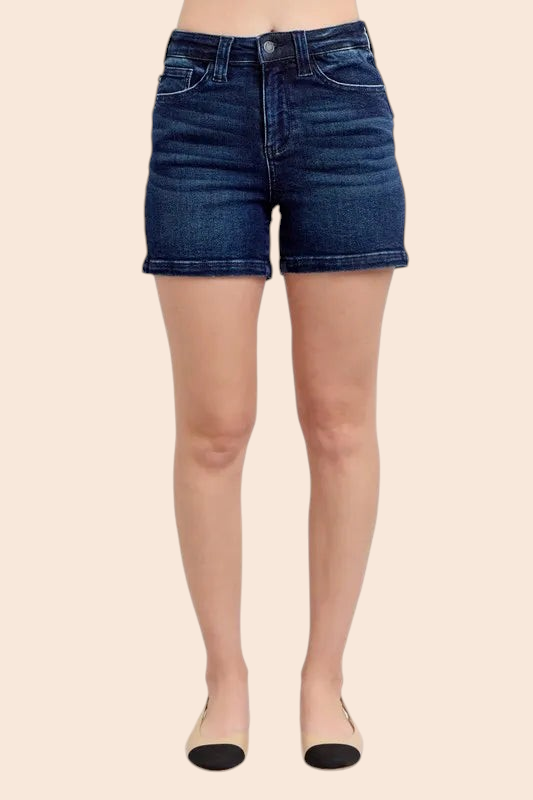 My Store high-waisted dark wash denim shorts with a fitted silhouette and clean hem, front view