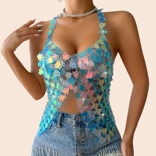 My Store iridescent sequin halter top with reflective laser-cut discs and a plunging scoop neckline