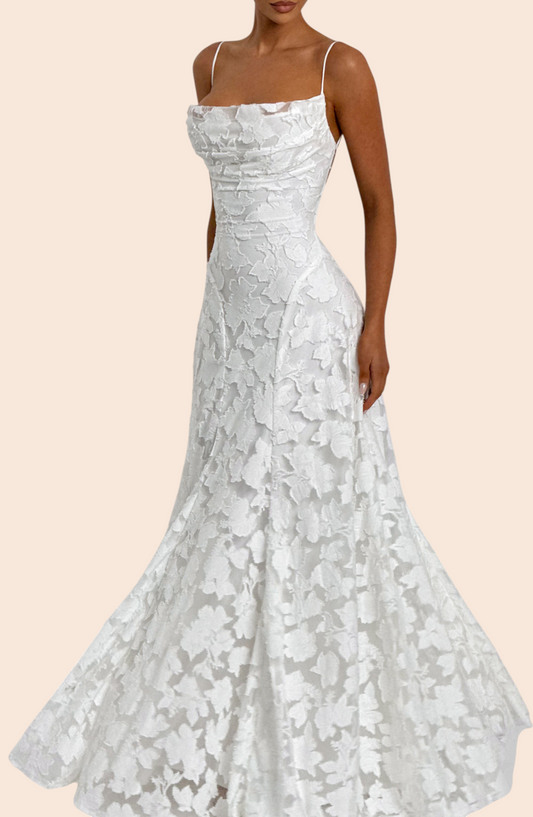 My Store ivory maxi dress with dimensional floral appliqué, spaghetti straps, and a sculpted bodice on a model.