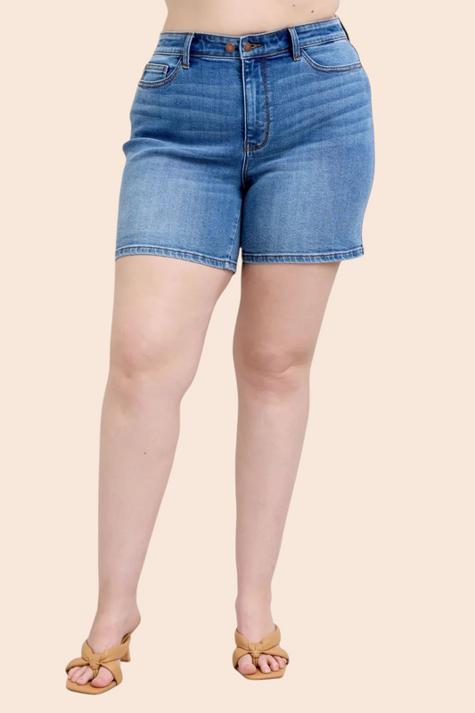 My Store Judy Blue high-rise medium-wash denim shorts with double-button closure and fitted silhouette