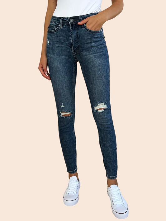 My Store Judy Blue mid-waist slim jeans in medium-dark blue wash with distressed knee detailing and five-pocket design