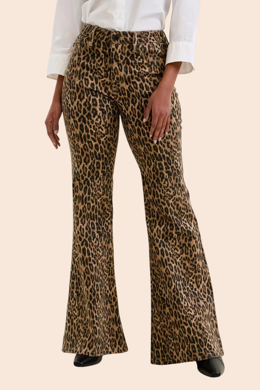My Store Judy Blue high-rise flare jeans featuring a bold brown and black leopard print pattern.