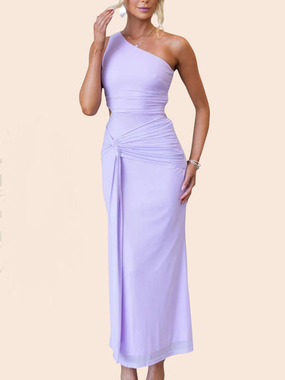My Store lavender one-shoulder maxi dress with a waist cutout, ruched side detailing, and a flowing draped skirt.