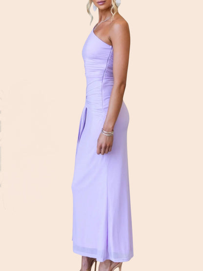 My Store lavender one-shoulder maxi dress with waist cutout, ruched detailing, and draped side on a model
