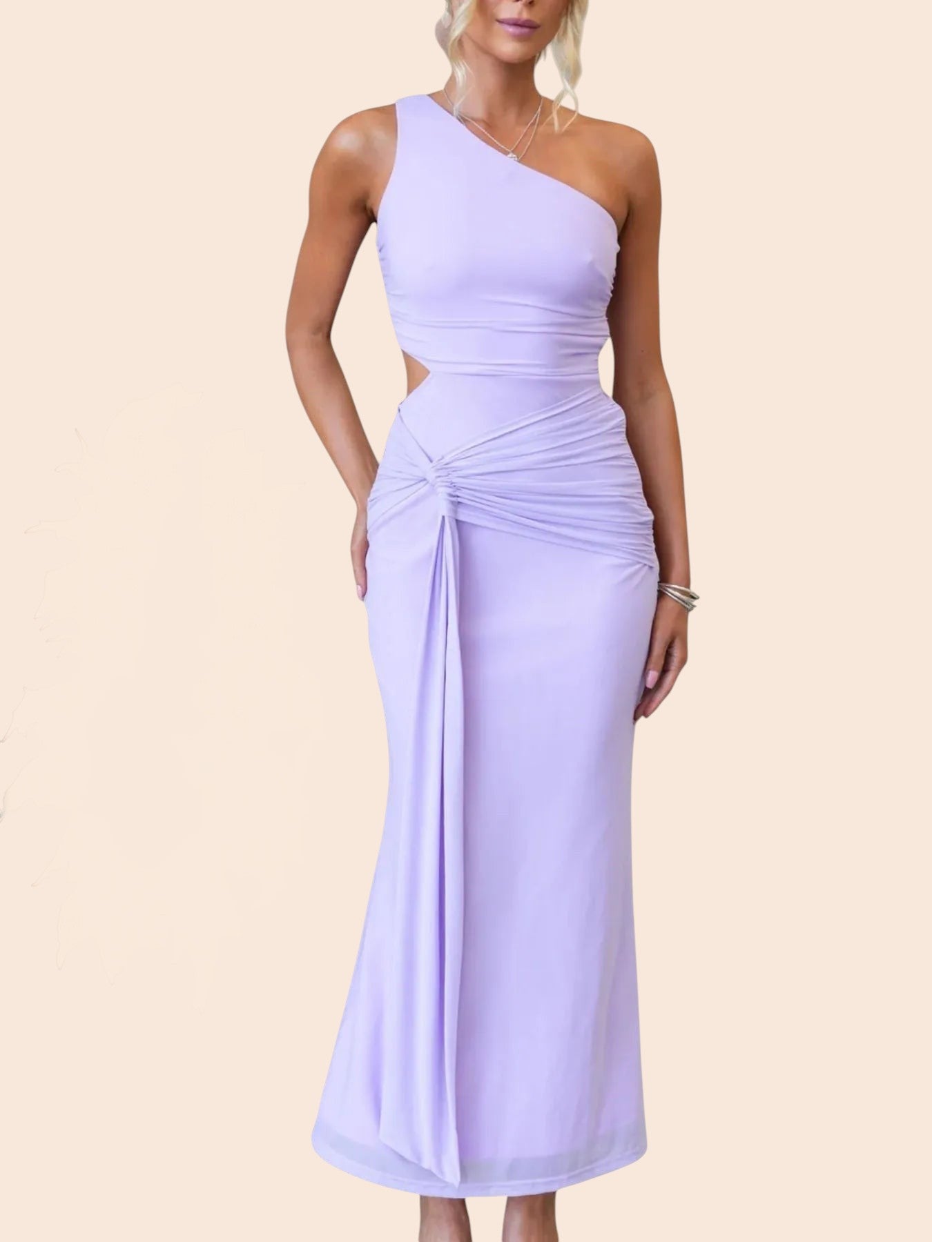 My Store lavender one-shoulder maxi dress with a waist cutout, ruched detailing, and draped side accent on a model.