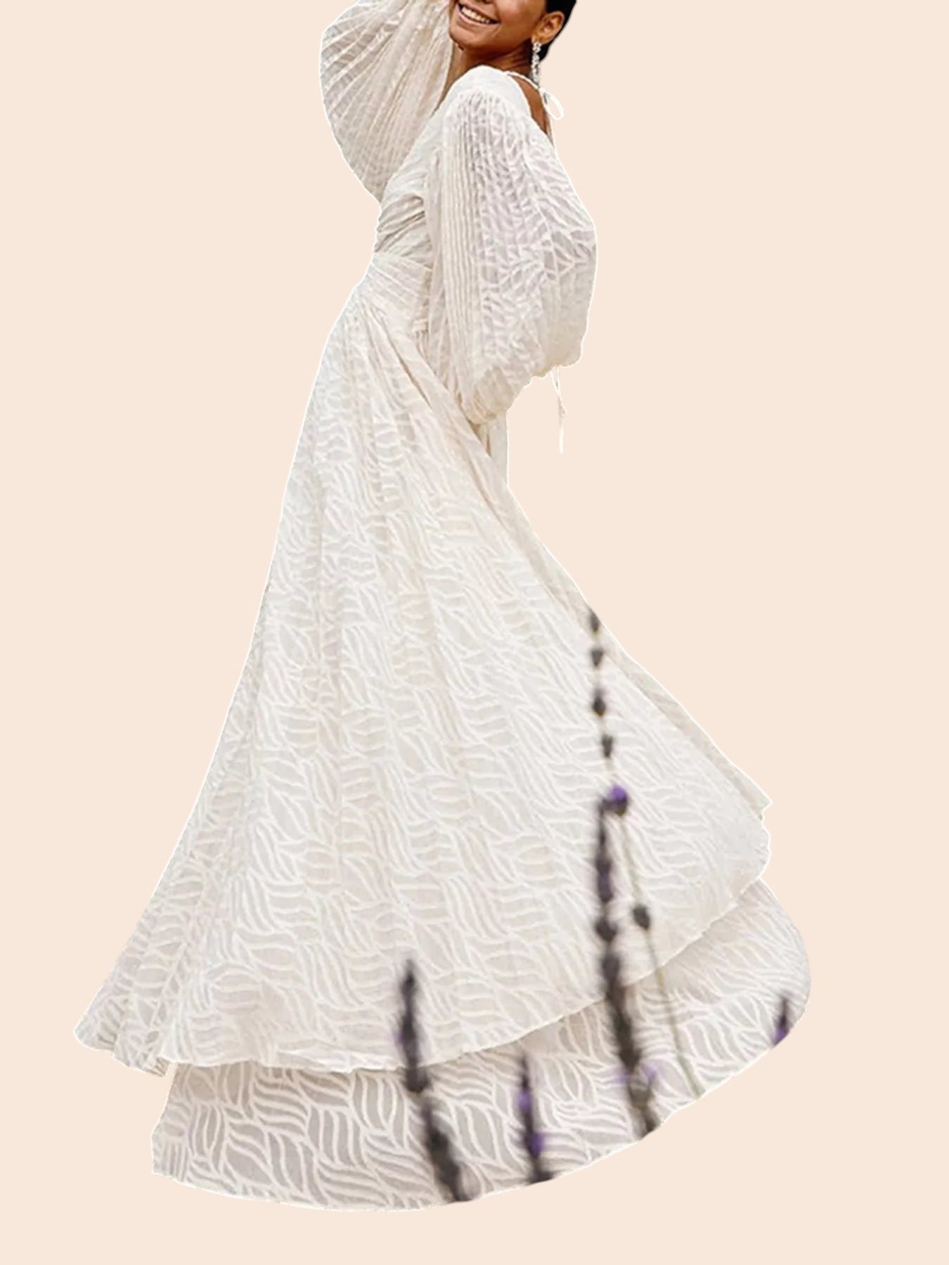 My Store white maxi dress with leaf texture, balloon sleeves, and a flowing skirt in a garden setting.