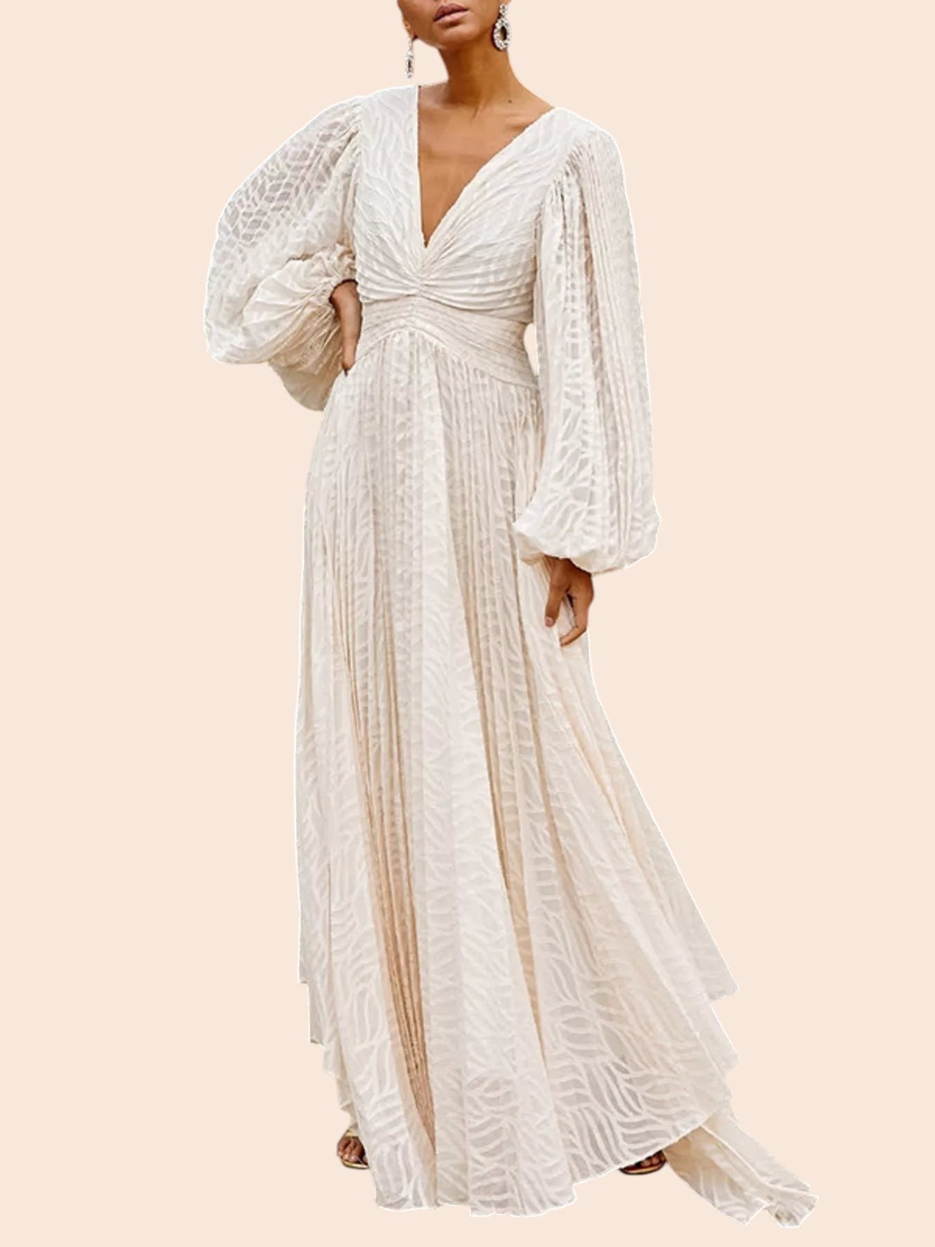 My Store cream maxi dress with leaf texture, V-neckline, and voluminous balloon sleeves in a garden setting
