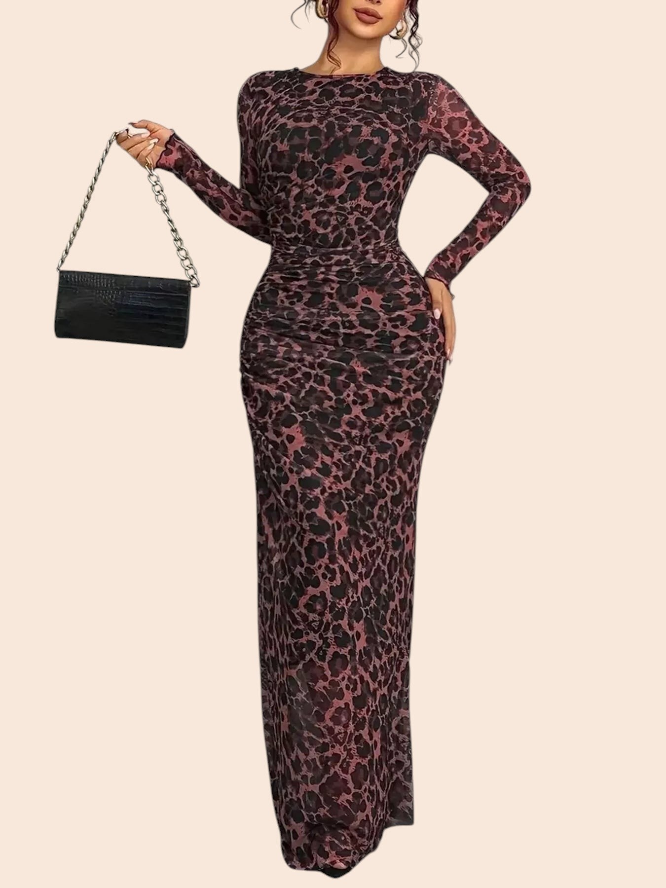 My Store leopard print long sleeve mesh maxi dress with ruched detailing and a curve-enhancing silhouette
