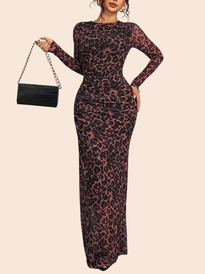 My Store leopard print long sleeve mesh maxi dress with ruched detailing and a curve-enhancing silhouette