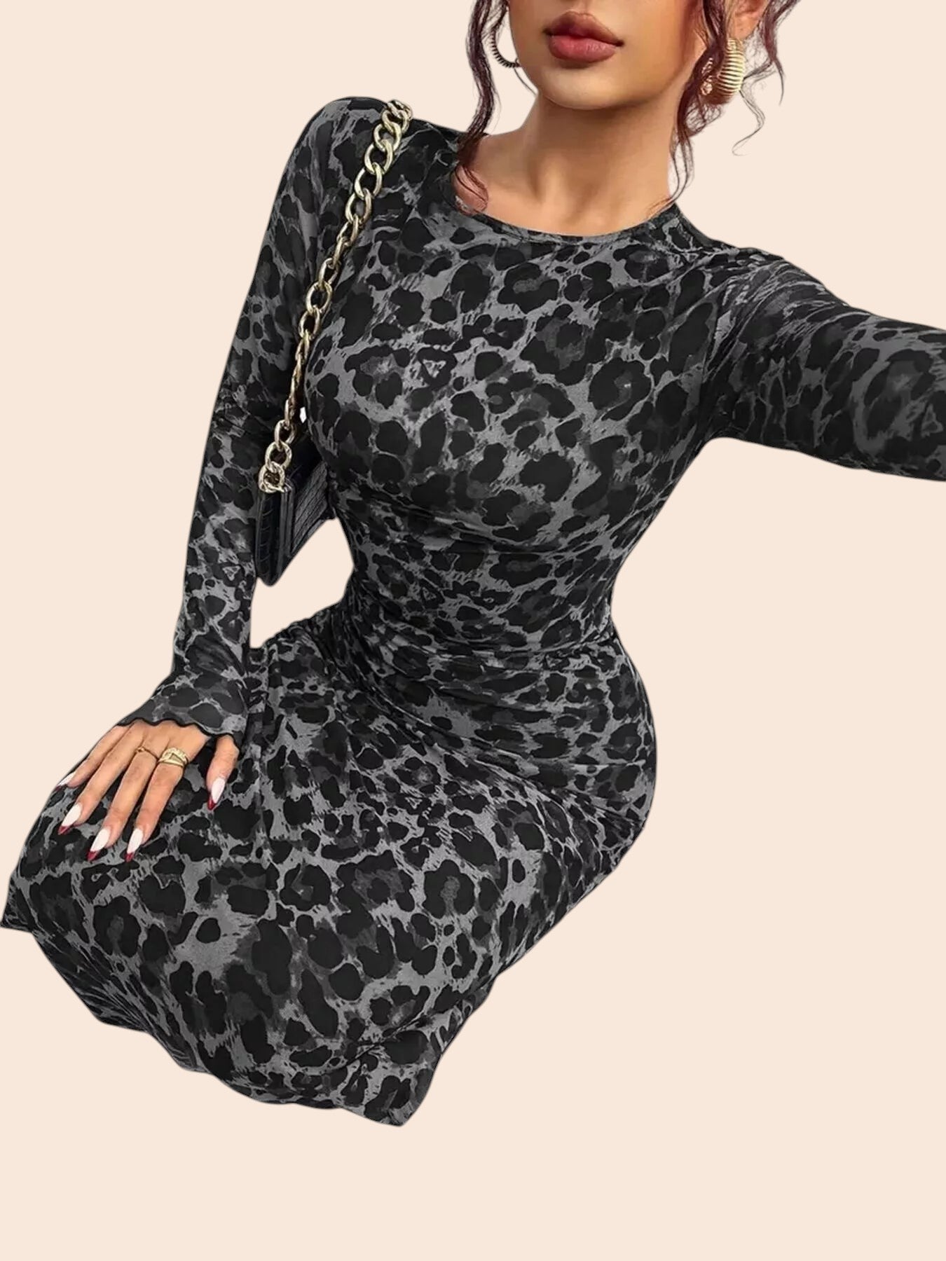 My Store leopard print long sleeve mesh maxi dress with ruched detailing and a curve-hugging fit for evening wear.