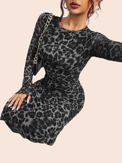 My Store leopard print long sleeve mesh maxi dress with ruched detailing and a curve-hugging fit for evening wear.