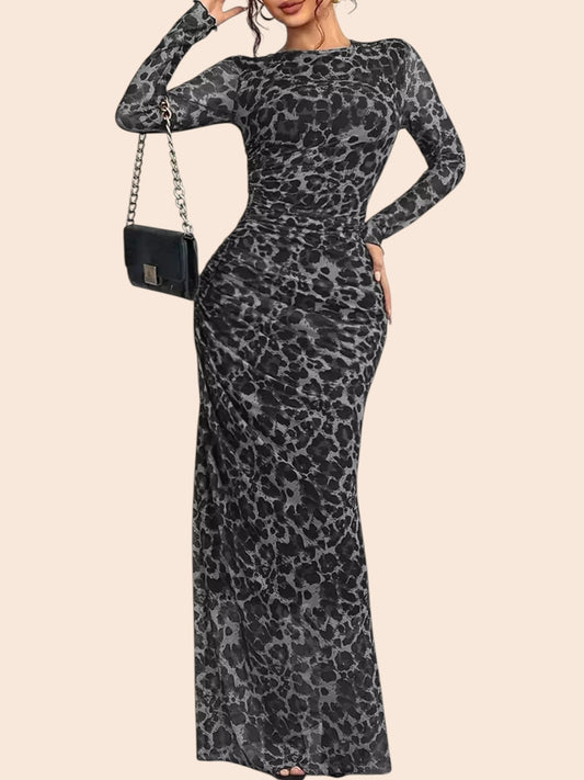 My Store leopard print long sleeve maxi dress in grey mesh with flattering side ruching and a sleek silhouette.