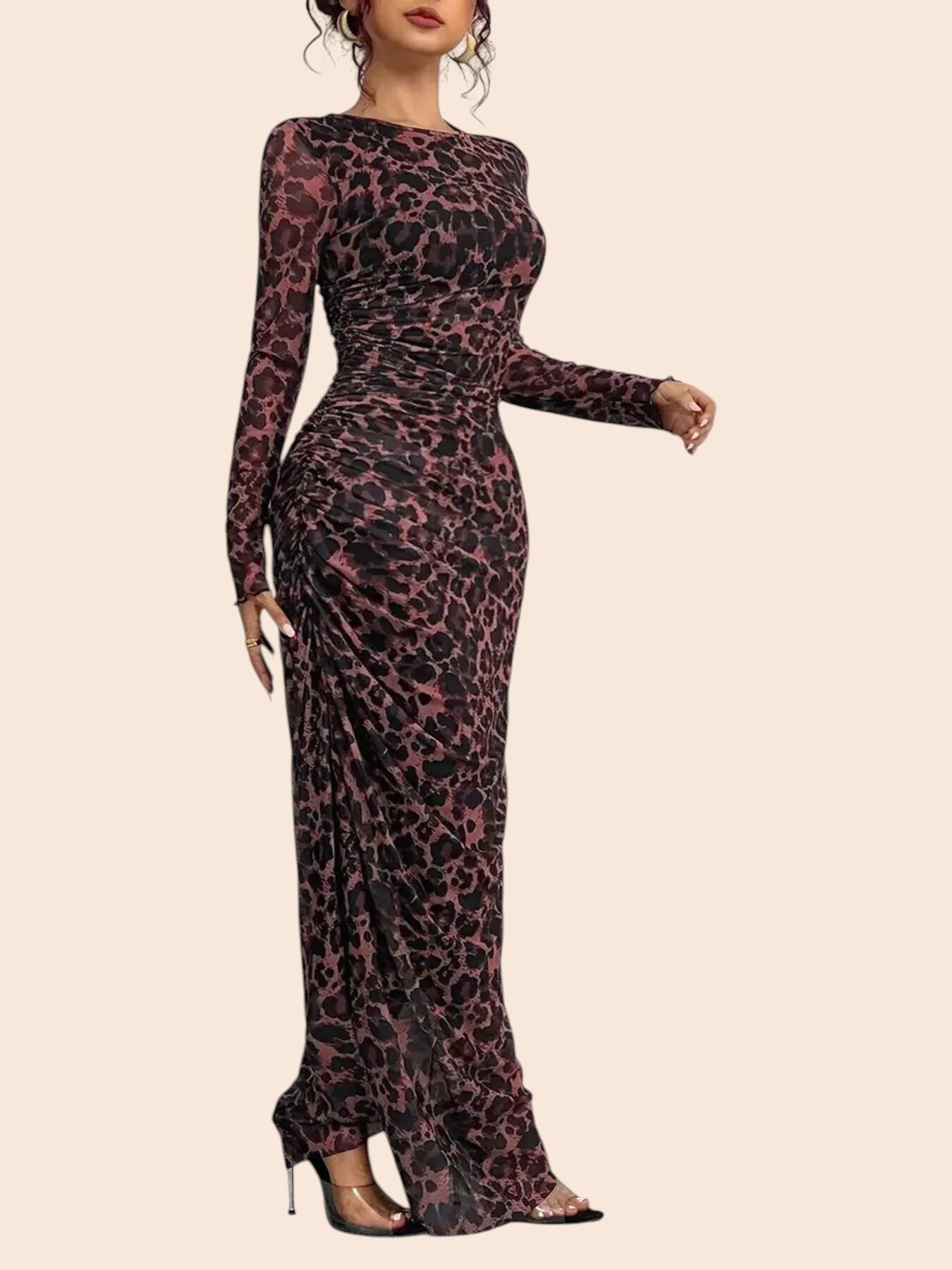 My Store leopard print long sleeve mesh maxi dress with ruched detailing and side slit worn by a model in heels