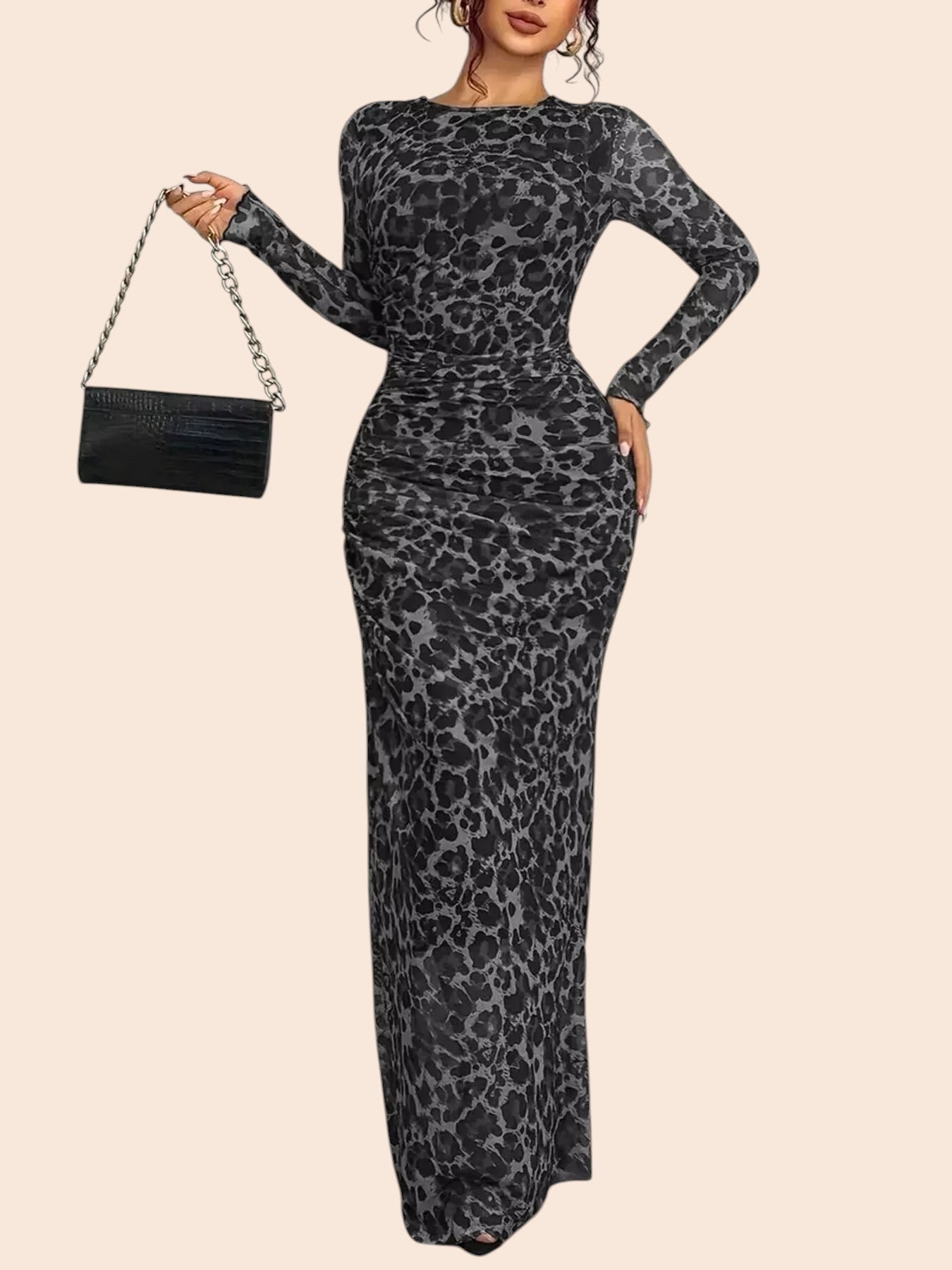 My Store leopard print long sleeve mesh maxi dress with ruched detailing and a side slit worn by a model