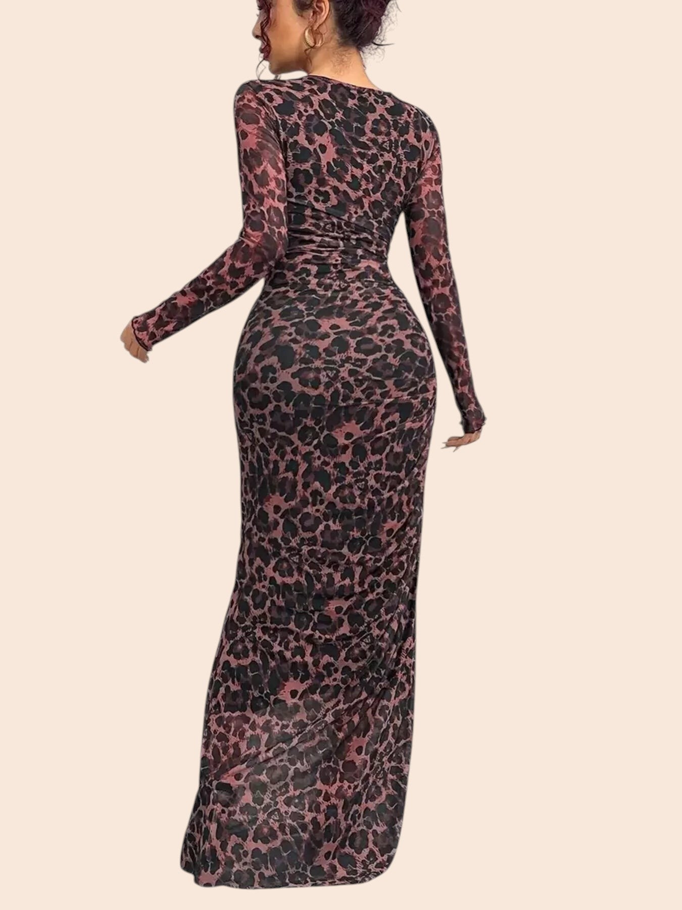 My Store leopard print long sleeve mesh maxi dress with ruched detailing, shown from the back view.