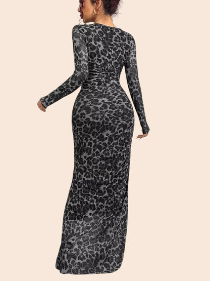 My Store leopard print long sleeve mesh maxi dress with ruched detailing, back view on a model