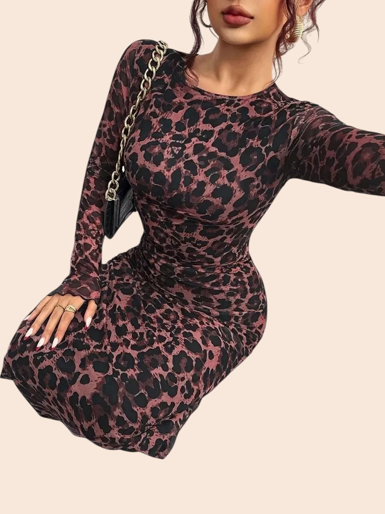 My Store leopard print long sleeve maxi dress in semi-sheer mesh with flattering ruched detailing and round neckline
