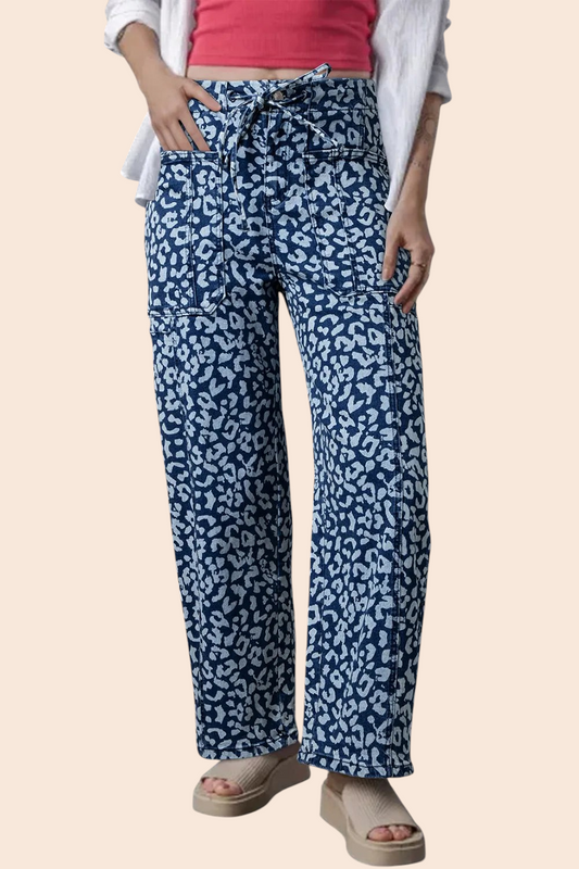 My Store leopard print wide-leg jeans in a dusty blue denim wash with a high-rise waist and tie-front detail