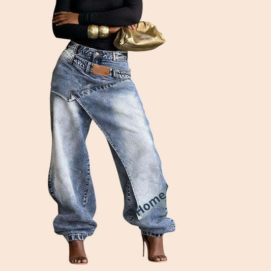 My Store light blue deconstructed patchwork denim jeans with a layered crossover waist and relaxed fit