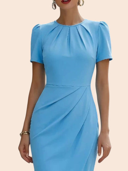 My Store light blue midi dress with short sleeves, pleated neckline, and waist detailing on a model