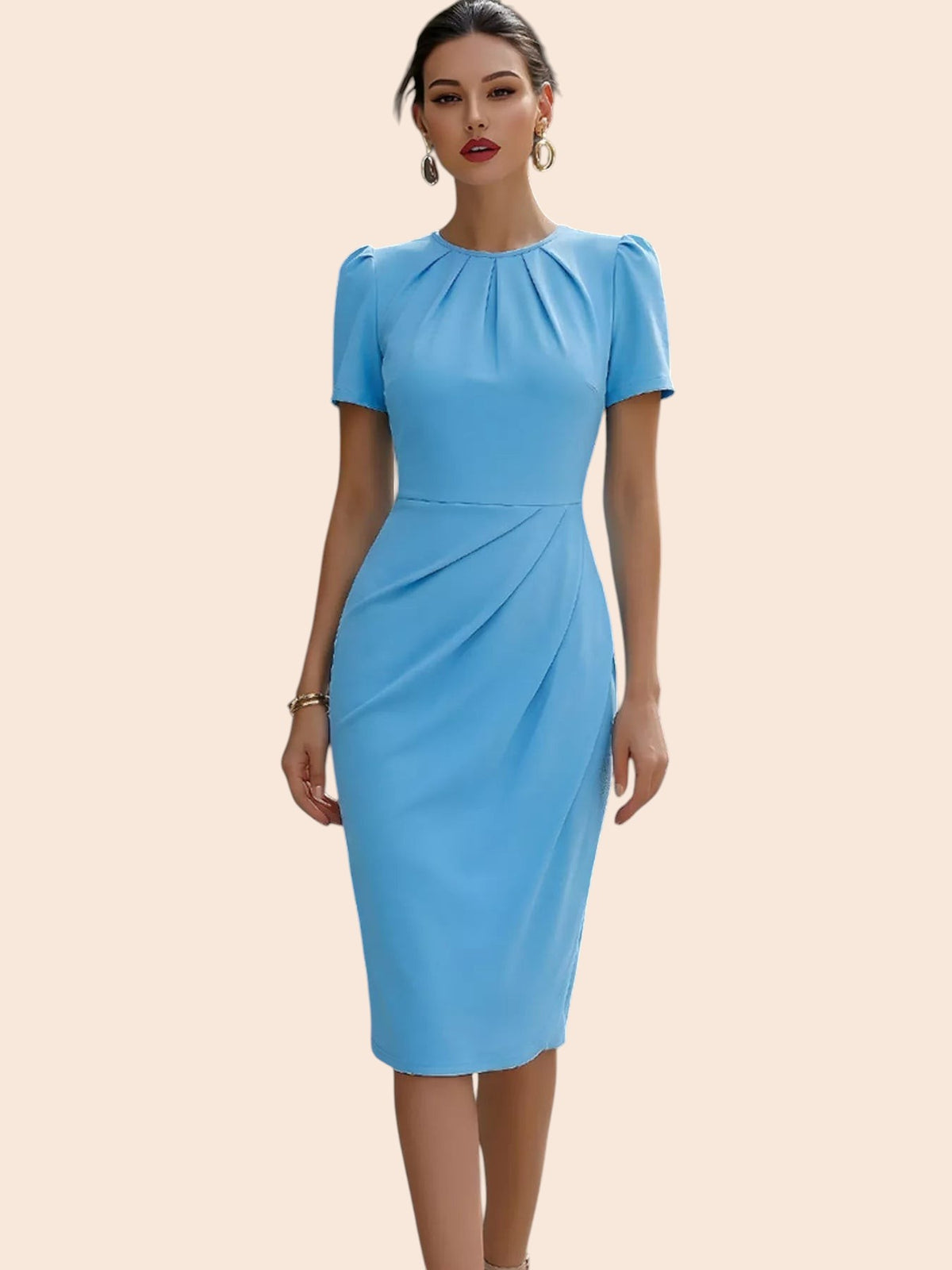 My Store light blue midi dress with short sleeves, pleated neckline, and waist detailing on a model.