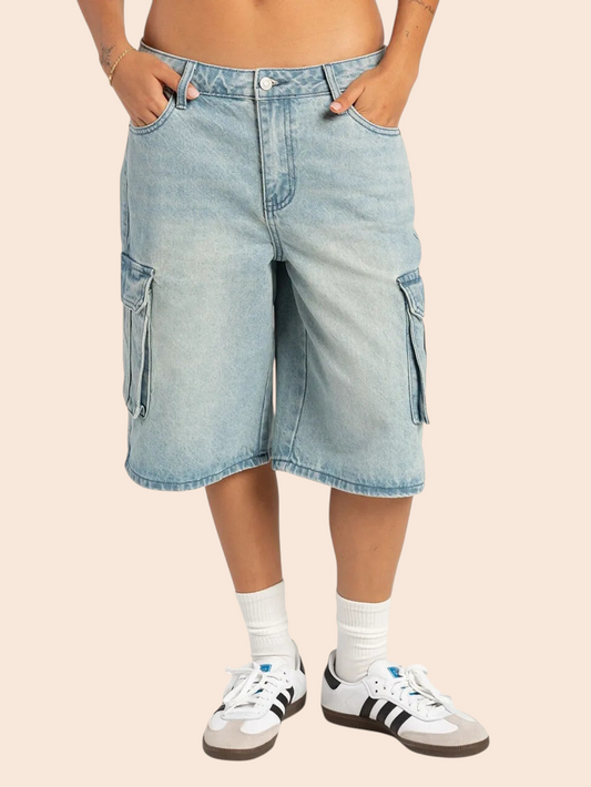 My Store light-wash denim Bermuda cargo shorts with side pockets and a relaxed fit worn with sneakers