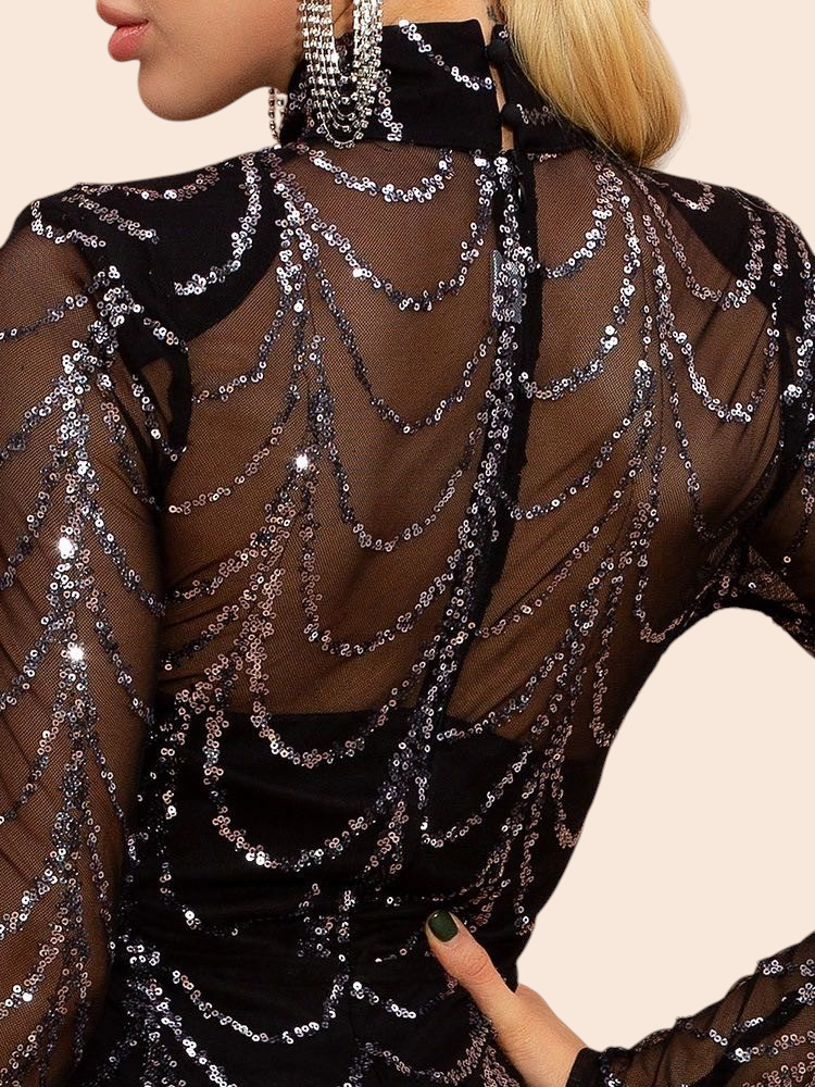 My Store Midnight Cascade Sequin Maxi Dress featuring black sheer mesh with intricate silver cascading sequin patterns.