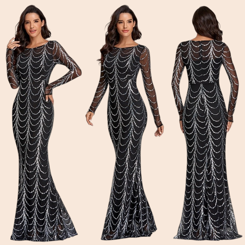 My Store Midnight Cascade Sequin Maxi Dress featuring silver draped sequins on black sheer mesh with long sleeves.