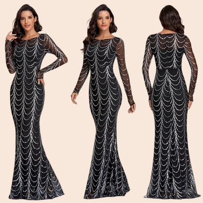 My Store Midnight Cascade Sequin Maxi Dress featuring silver draped sequins on black sheer mesh with long sleeves.