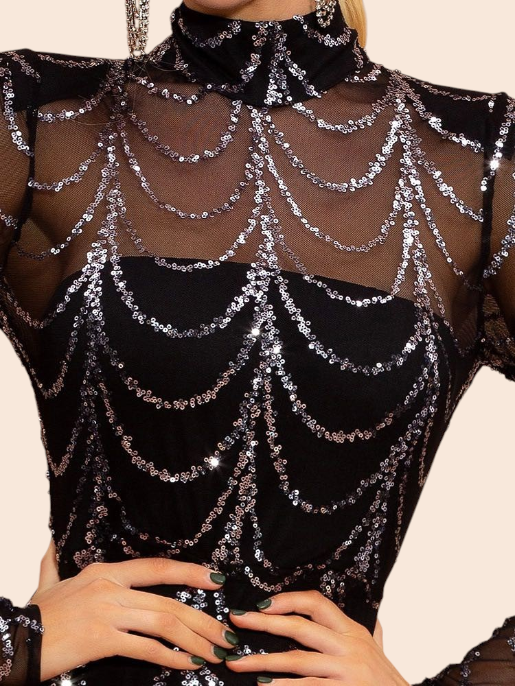 My Store Midnight Cascade Sequin Maxi Dress featuring black sheer mesh with intricate silver sequin draped patterns.